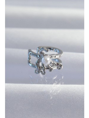 ALK Mey Ithalat® Pirinç Gümüş Renk Incili Ahtapot Earcuff Küpe