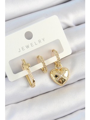 ALK Mey Ithalat® Pirinç Zirkon Taşlı Kalp Model Gold Renk 3'lü Çift Kadın Küpe Set