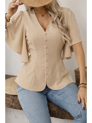 Melen Moda Kadın Kısa Kollu Önden Düğmeli Ithal Krep Bluz
