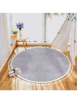 Moontime Alaçatı Yuvarlak Comfort Puffy Ponpon Saçaklı Peluş Halı Açık Gri Mns