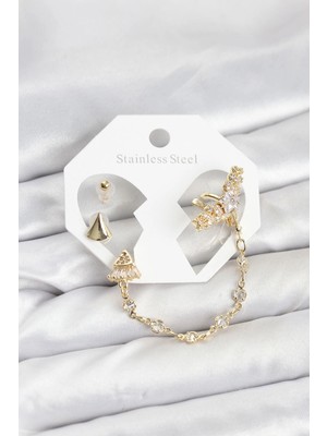 ALK Mey Ithalat® Pirinç Gold Renk Yıldızlı Model Zincir Bağlantılı Ear Cuff Küpe Seti