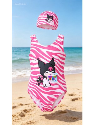 Bemora Kids Kuromi Mayo Bikini + Kuromi Bone 2 Li Takım Plaj Giyim Kız Çocuk Mayo Bikini