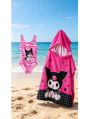 Bemora Kids Çocuk Mayo Kuromi Mayo Bone Plaj Giyim + Kuromi Plaj Havlusu Panço Havlu 2 Li Set