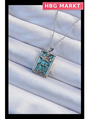 HBG Markt Mey Ithalat® 316L Çelik Zincir Gümüş Renk Zirkon Taşlı Mavi Mermer Desenli Taç Model Tarot Kolye