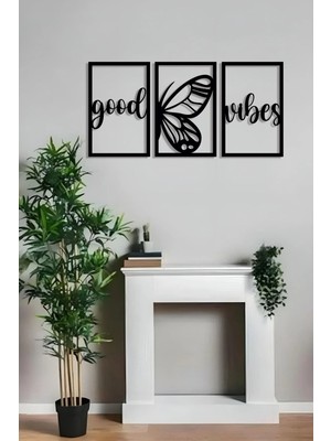 Moontime Alaçatı Good Vibes Yazılı Kelebek Figürlü 3 Parça Ahşap Duvar Dekoru - 50 x 25CM