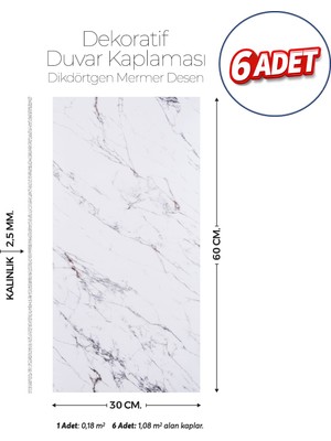 Brano 30X60 cm Kendinden Yapışkanlı Duvar,banyo,tezgah Arası Kaplama Açık Mermer Desen 6 Adet