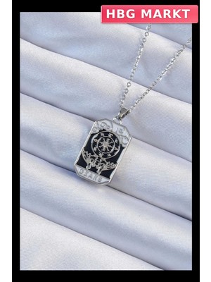 HBG Markt Mey Ithalat® 316L Çelik Zincir Gümüş Renk Işlemeli Siyah Mineli Tarot Kolye