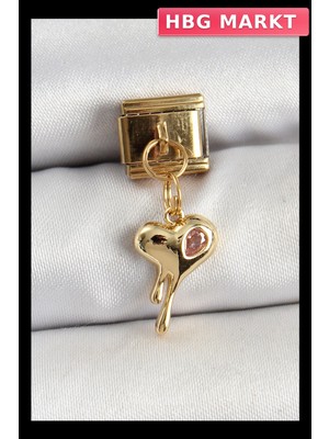 HBG Markt Mey Ithalat® 316L Çelik Sallantılı Zirkon Taşlı Eriyen Kalp Model Gold Renk Nomination Charm