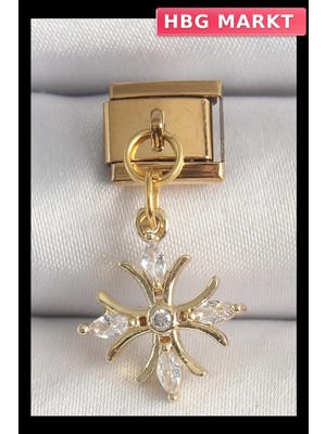 HBG Markt Mey Ithalat® 316L Çelik Gold Renk Sallantı Zirkon Taşlı Kar Tanesi Model Nomination Charm