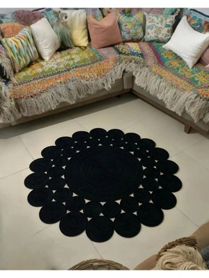Moontime Alaçatı Hasır Jüt Halı El Örgüsü Halı Kilim Yıkanabilir Çift Taraflı Yuvarlak
