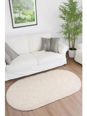 Moontime Alaçatı Krem Oval Post Peluş Yumuşak Kaymaz Halı Yolluk Dot Taban Makinada Yıkanabilir Halı