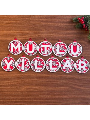 ALK Buffer® 11 Harfli Kırmızı Beyaz Ipli Mutlu Yıllar Yazılı Ahşap Yılbaşı Ağaç Süsü