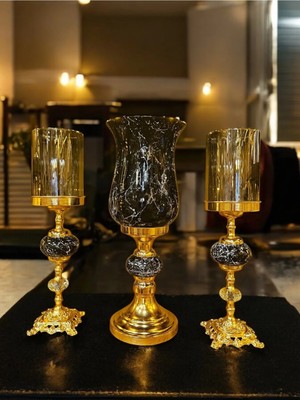 Moontime Alaçatı 3'lü Takım Gold Detaylı Şamdan