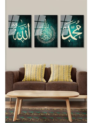 Moontime Alaçatı 3 Lü Set Allah Ayetel Kürsi Muhammed Yazılı Dini Dekoratif Cam Tablo-Ev Ofis Hediyelik -4mm Kırılmaz