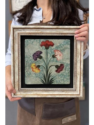 Moontime Alaçatı Çerçeveli Tablo Taş Duvar Dekoru 30 x 30 cm Ebruli Çiçekler Tablosu