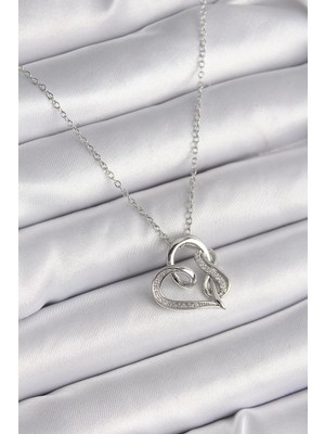 ALK Mey Ithalat® 316L Çelik Gümüş Renk Zincir Zirkon Taş Detaylı Kalp Model Sonsuzluk Detay Kadın Kolye