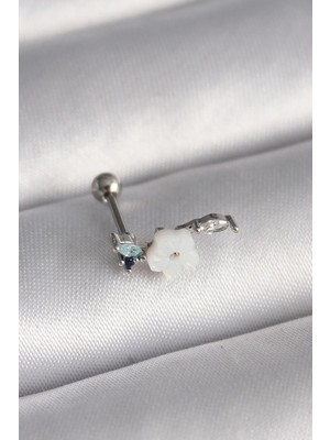 ALK Mey Ithalat® 316L Çelik Gümüş Renk Zirkon Taş Detay Beyaz Çiçek Model Tragus Piercing