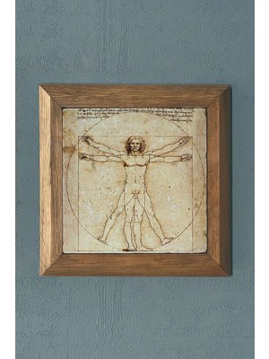 Moontime Alaçatı Vitruvius Adamı - Leonardo Da Vinci-Masif Çerçeveli Taş Tablo- 28X28 cm
