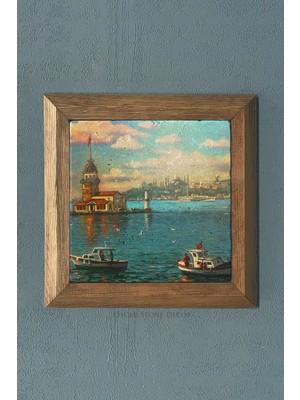 Moontime Alaçatı Masif Çerçeveli Istanbul Kız Kulesi Doğaltaş Tablo Pano 28X28 cm