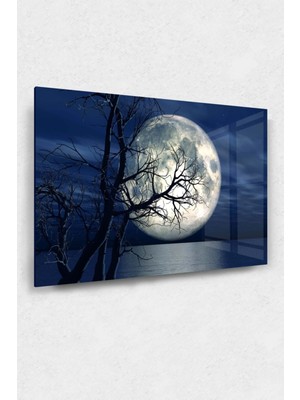 Moontime Alaçatı Dolunay Cam Tablo, Ay Tabloları, Doğa Tabloları, Duvar Dekor, Büyük Tablo, Cam Duvar Tablo