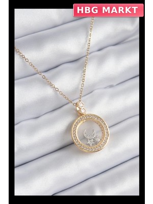 HBG Markt Mey Ithalat® 316L Çelik Gold Renk Zirkon Taş Detay Ay Yıldız Fanus Model Kadın Kolye