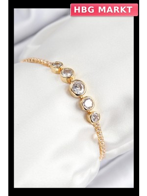 HBG Markt Mey Ithalat® Pirinç Zirkon Taşlı Sıralı Daire Model Gold Renk Asansörlü Kadın Bileklik