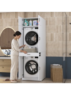 Rani Mobilya Rani KD143 Çamaşır ve Kurutma Makinesi Dolabı Çekmeceli Raflı Banyo Dolabı Beyaz