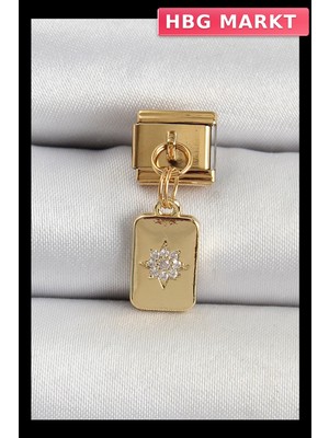 HBG Markt Mey Ithalat® 316L Çelik Sallantılı Zirkon Taşlı Kutup Yıldızı Figürlü Dikdörtgen Model Gold Renk Nomination Charm