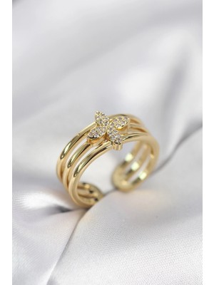 ALK Mey Ithalat® Gold Renk Zirkon Taşlı Yonca Model Kadın Yüzük