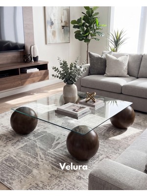 Velura Home & Living Modern Orta Sehpa & Top Sehpa Cam Sehpa & Küre Orta Sehpa - 4 Amerikan Ceviz Top - Fasulye -  Kare Şeffaf Cam