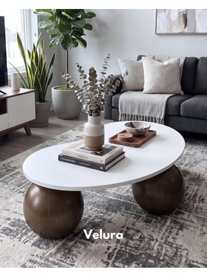 Velura Home & Living Modern Orta Sehpa & Top Sehpa Cam Sehpa & Küre Orta Sehpa - Amerikan Ceviz Top - Fasulye - Beyaz Mdf