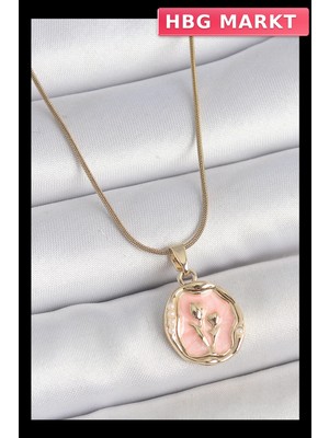 HBG Markt Mey Ithalat® 316L Çelik Gold Renk Zincir Pembe Mineli Çiçek Işlemeli Portre Model Kadın Kolye