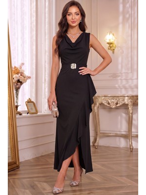 Alfudo Moda Collection Kruvaze Yaka Kadın Volanlı Yırtmaçlı Kare Taş Kemerli Düğün ve Nişan Abiye Elbise