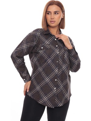 Lady Majestic Taşlı Büyük Beden Ekose Gömlek | 44-58 Beden