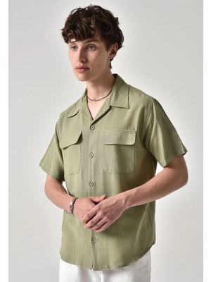 S13 Store Slim Fit Erkek Kısa Kollu Apaş Yaka Keten Gömlek
