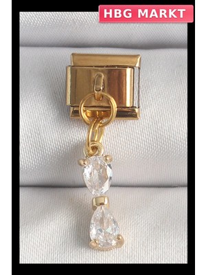 HBG Markt Mey Ithalat® 316L Çelik Gold Renk Sallantı Zirkon Taşlı Kurdele Model Nomination Charm