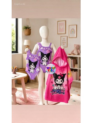 Bemora Kids Kız Çocuk Mayo Kuromi Mayo Plaj Giyim + Kuromi Plaj Havlusu Panço Havlu 2 Li Set