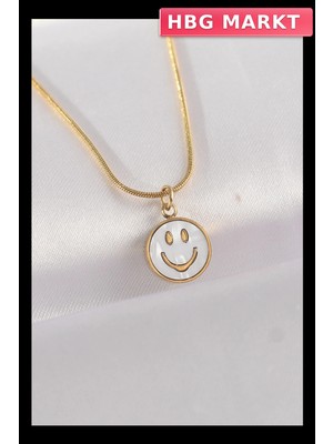 HBG Markt Mey Ithalat® 316L Çelik Zincir Altın Renk Mermer Desenli Minimal Smile Kolye