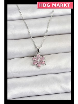 HBG Markt Mey Ithalat® 316L Çelik Zincir Gümüş Renk Pembe Zirkon Taşlı Lotus Model Kadın Kolye