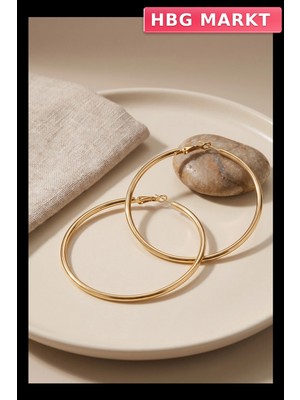 HBG Markt 316L Paslanmaz Çelik Gold Renk 56MM Halka Küpe Kadın