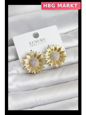 HBG Markt Papatya Model Zirkon Taşlı Pirinç Gold Renk Kadın Küpe
