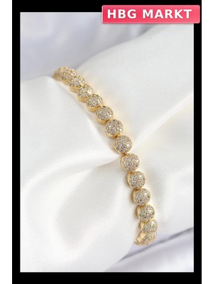 HBG Markt Mey Ithalat® Pirinç Zirkon Taşlı Yarım Topcuk Model Gold Renk Vıp Seri Kadın Bileklik
