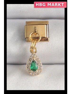 HBG Markt Mey Ithalat® 316L Çelik Gold Renk Sallantı Damla Yeşil Zirkon Taşlı Nomination Charm