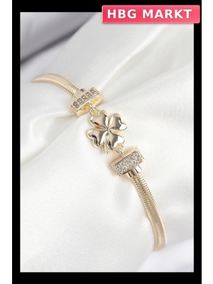 HBG Markt Mey Ithalat® Pirinç Zirkon Taşlı Yonca Model Gold Renk Kadın Bileklik