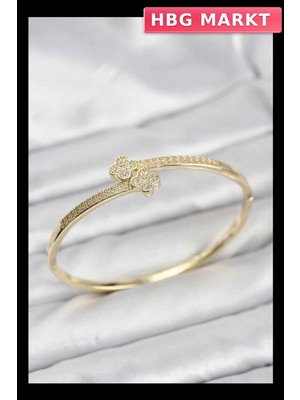 HBG Markt Mey Ithalat® Pirinç Gold Renk Zirkon Taşlı Yonca Model Kadın Kelepçe Bileklik