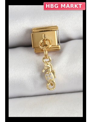HBG Markt Mey Ithalat® 316L Çelik Sallantılı Zirkon Taşlı Deniz Atı Model Gold Renk Nomination Charm