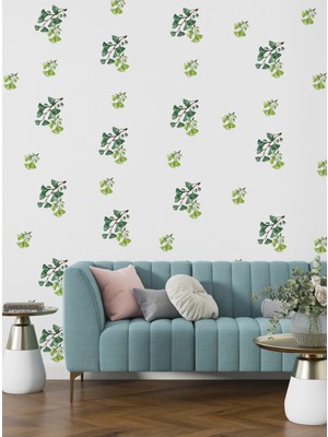 S Digital Dekoratif Ginkgo Yaprağı Duvar Sticker Seti – Modern & Minimal - 100X80 cm - Kendinden Yapışkanlı Şeffaf Folyo