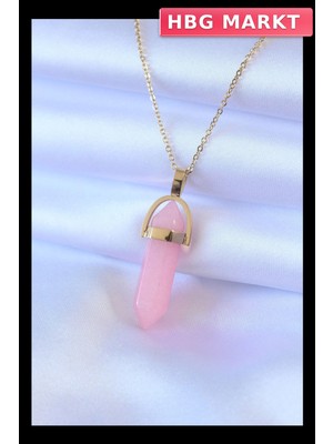 HBG Markt Mey Ithalat® 316L Çelik Gold Renk Kristal Pembe Taş Model Kadın Kolye