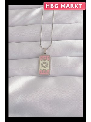HBG Markt Mey Ithalat® 316L Çelik Gümüş Renk Pembe Mineli Ay Figür Tarot Kolye