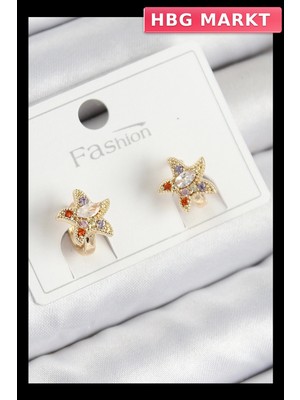 HBG Markt Yıldız Model Pirinç Zirkon Taşlı Gold Renk Kadın Küpe